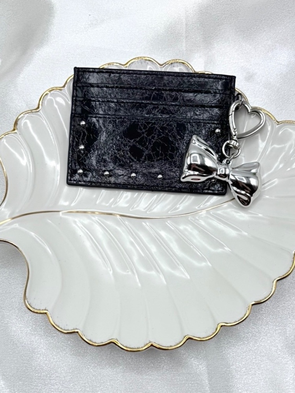 Black Faux Leather Card Holder Wallet with Silver Bow Charm Keychain